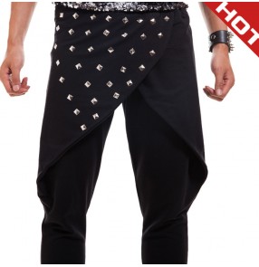 Black rivet man men male 's  long length fashion harem hip hop  drop crotch  baggy pants  punk rock youth stage performance jazz dancing dance pants trousers